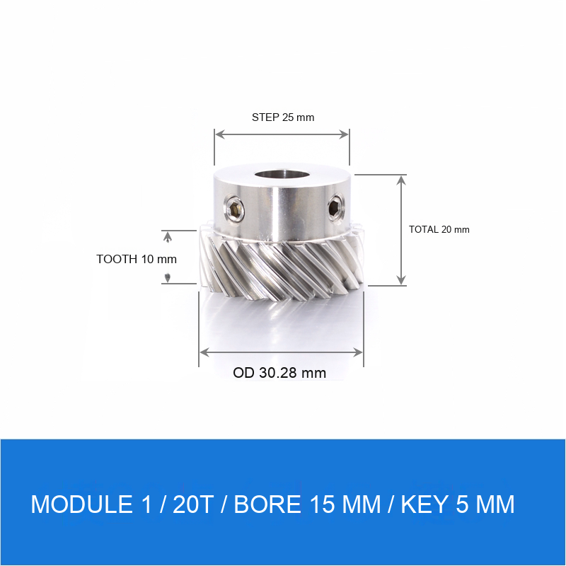 Module 1 / 20T / Bore 15 mm / Key 5 mm stainless steel helical gear technical drawing