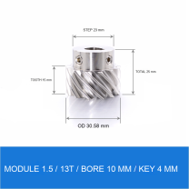 Module 1.5 / 13T / Bore 10 mm / Key 4 mm stainless steel helical gear technical drawing