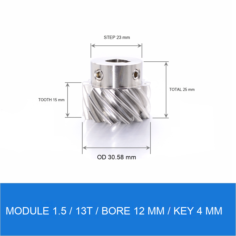 Module 1.5 / 13T / Bore 12 mm / Key 4 mm stainless steel helical gear technical drawing