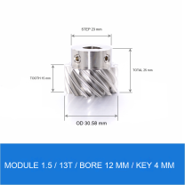 Module 1.5 / 13T / Bore 12 mm / Key 4 mm stainless steel helical gear technical drawing