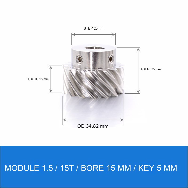 Module 1.5 / 15T / Bore 15 mm / Key 5 mm stainless steel helical gear technical drawing
