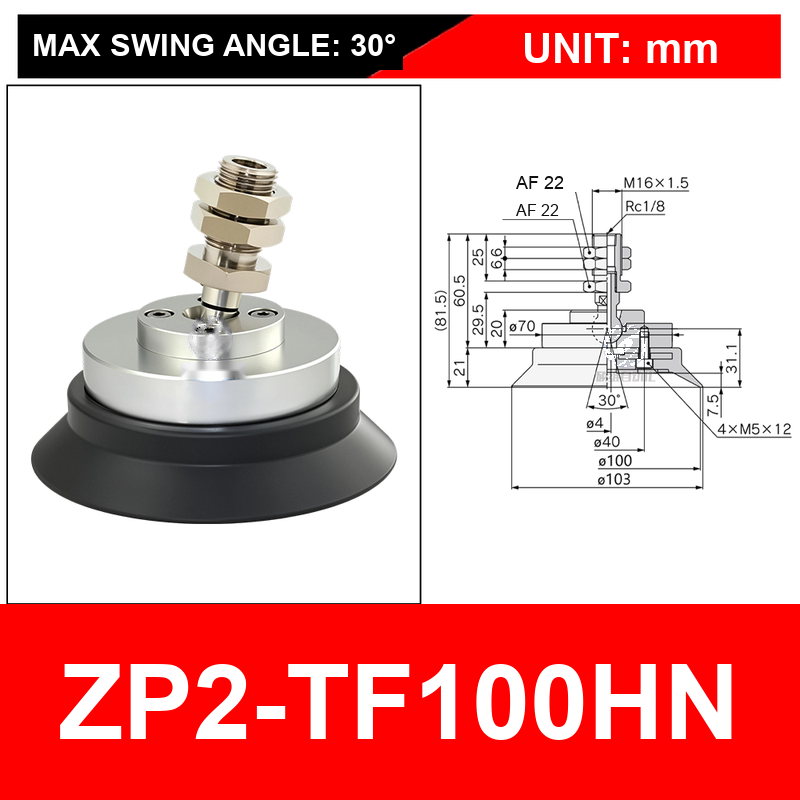 ZP2-TF100HN single-layer black nitrile cup with fitting, 100 mm, Black Nitrile Rubber, 30 degree swivel, with technical dimensions