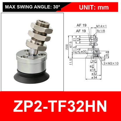 ZP2-TF32HN single-layer black nitrile cup with fitting, 32 mm, Black Nitrile Rubber, 30 degree swivel, with technical dimensions