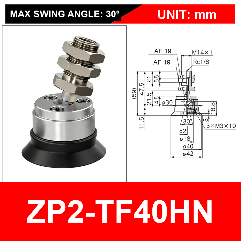 ZP2-TF40HN single-layer black nitrile cup with fitting, 40 mm, Black Nitrile Rubber, 30 degree swivel, with technical dimensions