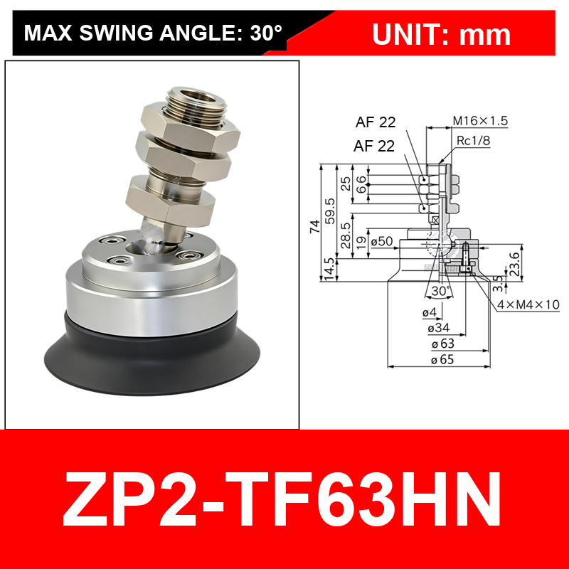 ZP2-TF63HN single-layer black nitrile cup with fitting, 63 mm, Black Nitrile Rubber, 30 degree swivel, with technical dimensions