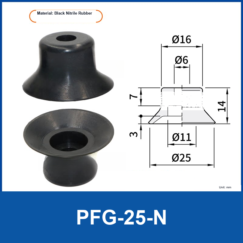 PFG-25-N Black Nitrile Rubber flat vacuum suction cup with technical dimensions