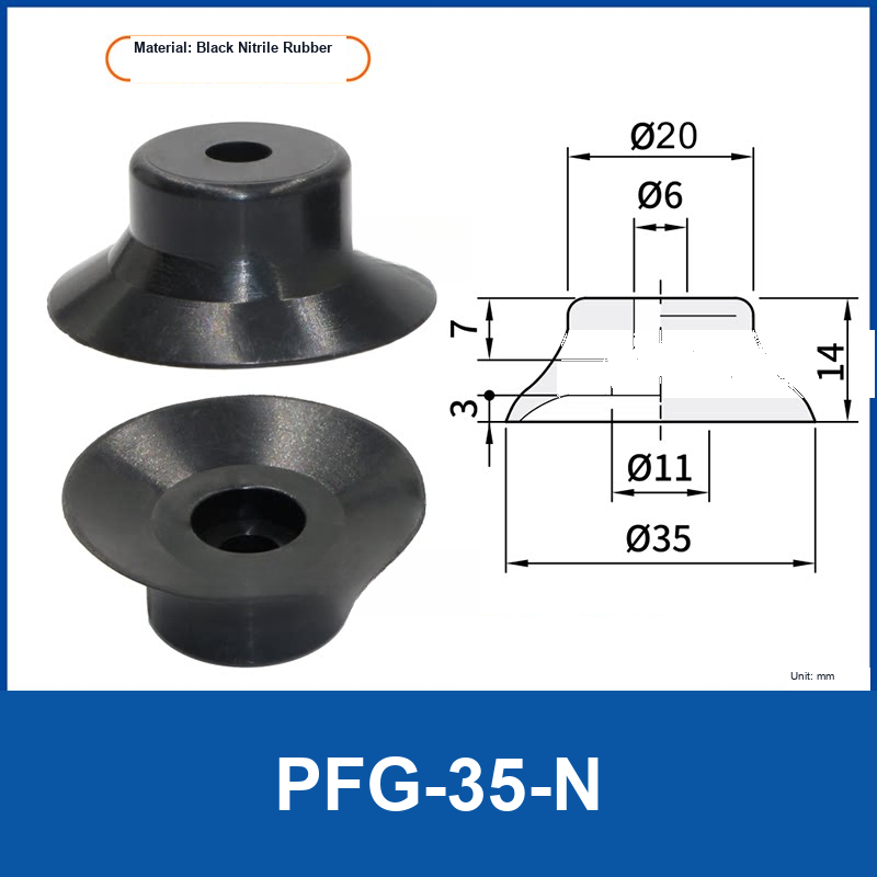 PFG-35-N Black Nitrile Rubber flat vacuum suction cup with technical dimensions