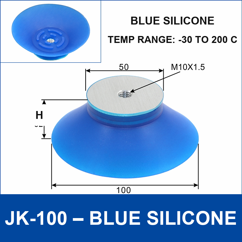 JK-100 – Blue Silicone silicone vacuum cup, 100 mm, Blue Silicone, M10×1.5, with technical dimensions