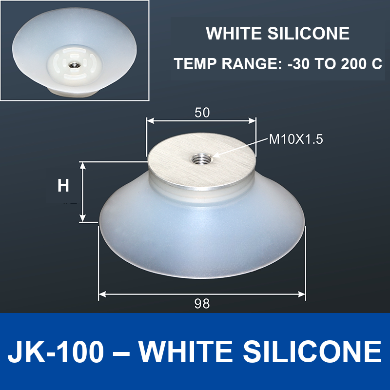 JK-100 – White Silicone silicone vacuum cup, 100 mm, White Silicone, M10×1.5, with technical dimensions