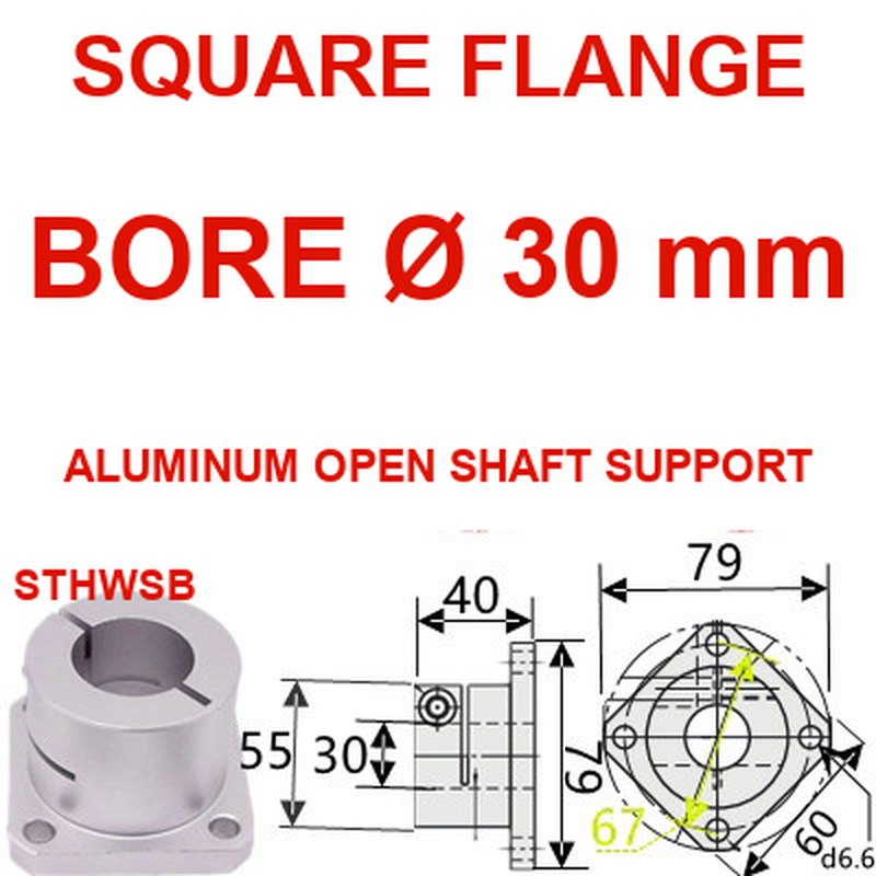 STHWSB square flange aluminum open shaft support, 30 mm bore