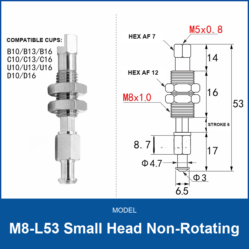 M8-L53 Small Head Non-Rotating spring-buffered vacuum cup mount