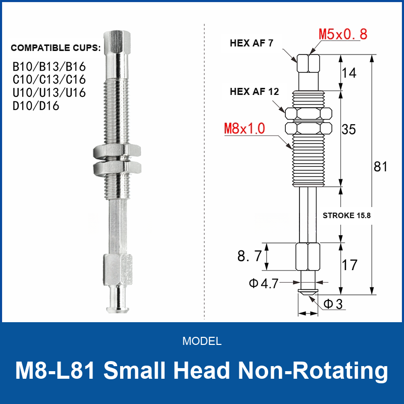 M8-L81 Small Head Non-Rotating spring-buffered vacuum cup mount