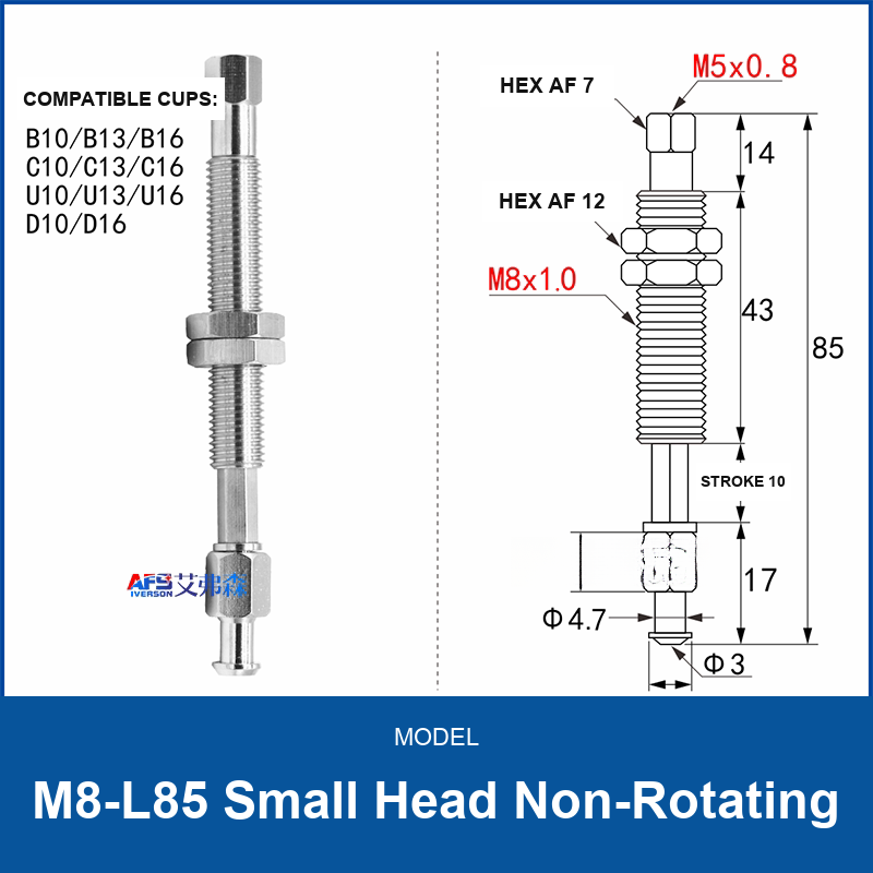 M8-L85 Small Head Non-Rotating spring-buffered vacuum cup mount