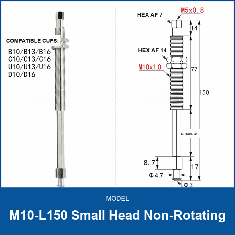 M10-L150 Small Head Non-Rotating spring-buffered vacuum cup mount