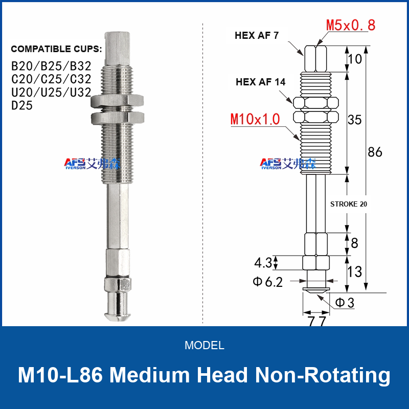 M10-L86 Medium Head Non-Rotating spring-buffered vacuum cup mount