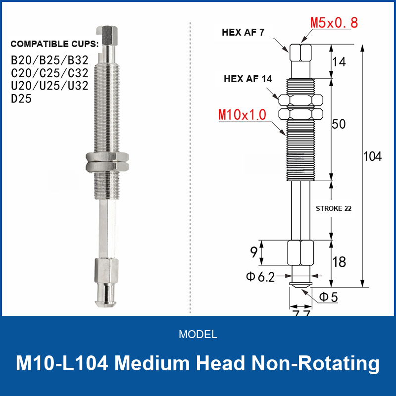 M10-L104 Medium Head Non-Rotating spring-buffered vacuum cup mount