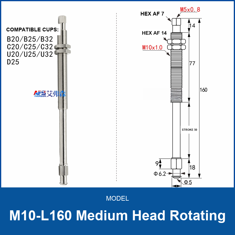 M10-L160 Medium Head Rotating spring-buffered vacuum cup mount