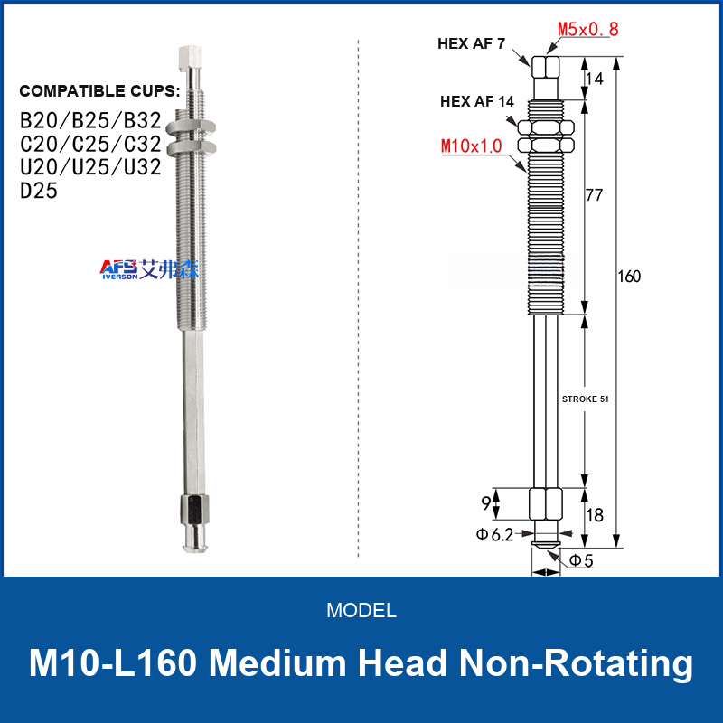 M10-L160 Medium Head Non-Rotating spring-buffered vacuum cup mount