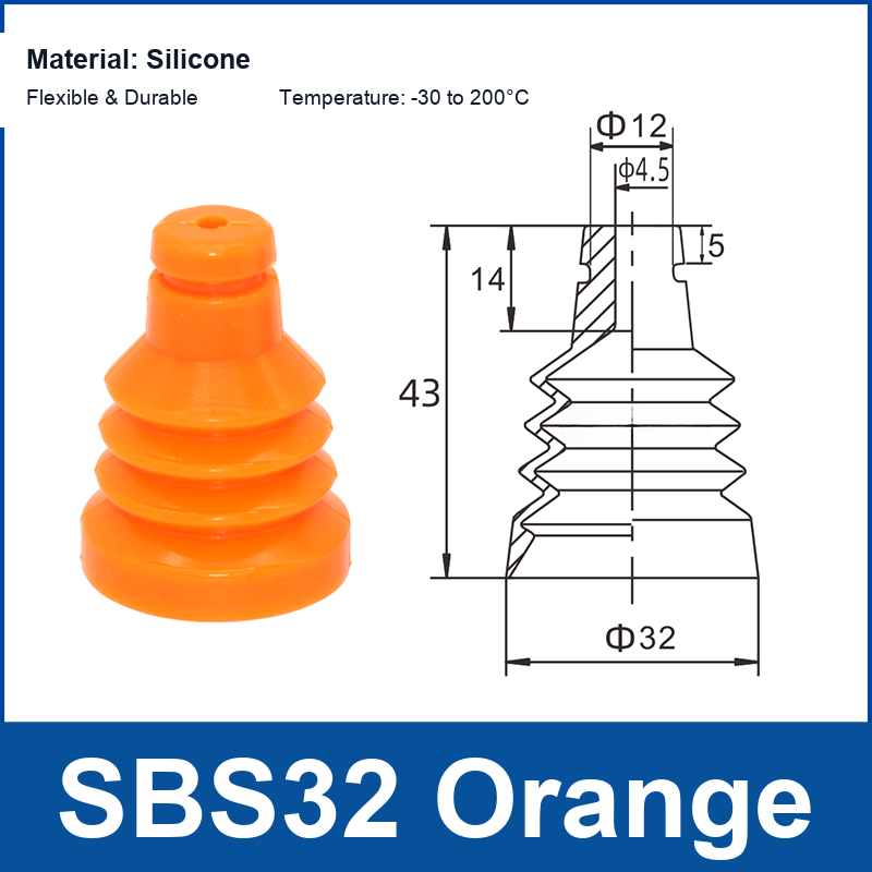 SBS32 Orange spherical silicone vacuum suction cup and technical dimensions