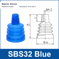 SBS32 Blue spherical silicone vacuum suction cup and technical dimensions
