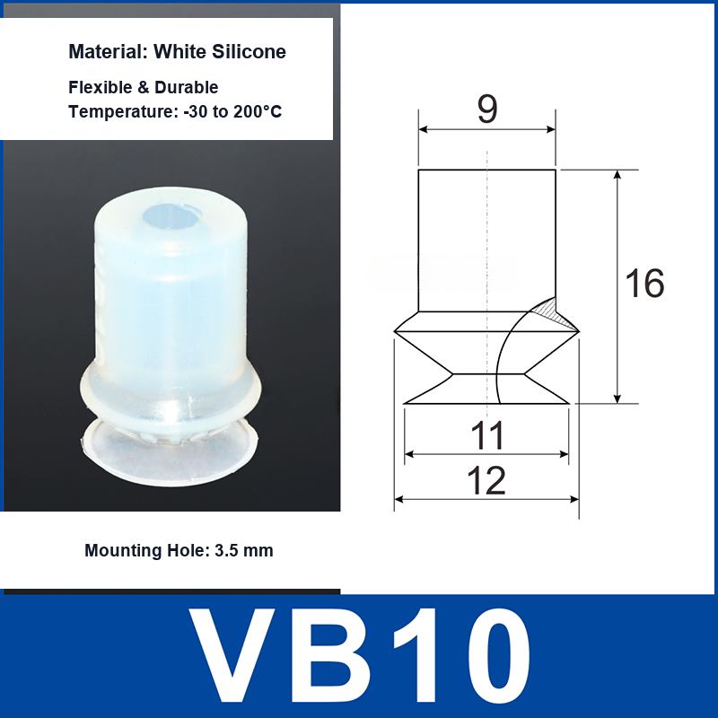 VB10 White Silicone vacuum suction cup and technical dimensions