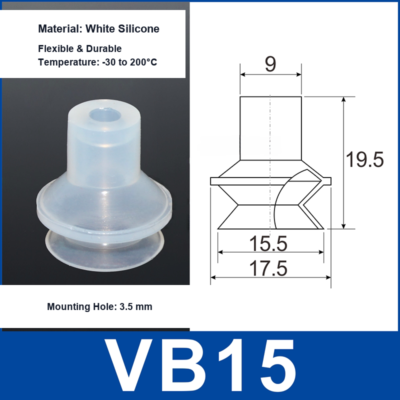 VB15 White Silicone vacuum suction cup and technical dimensions