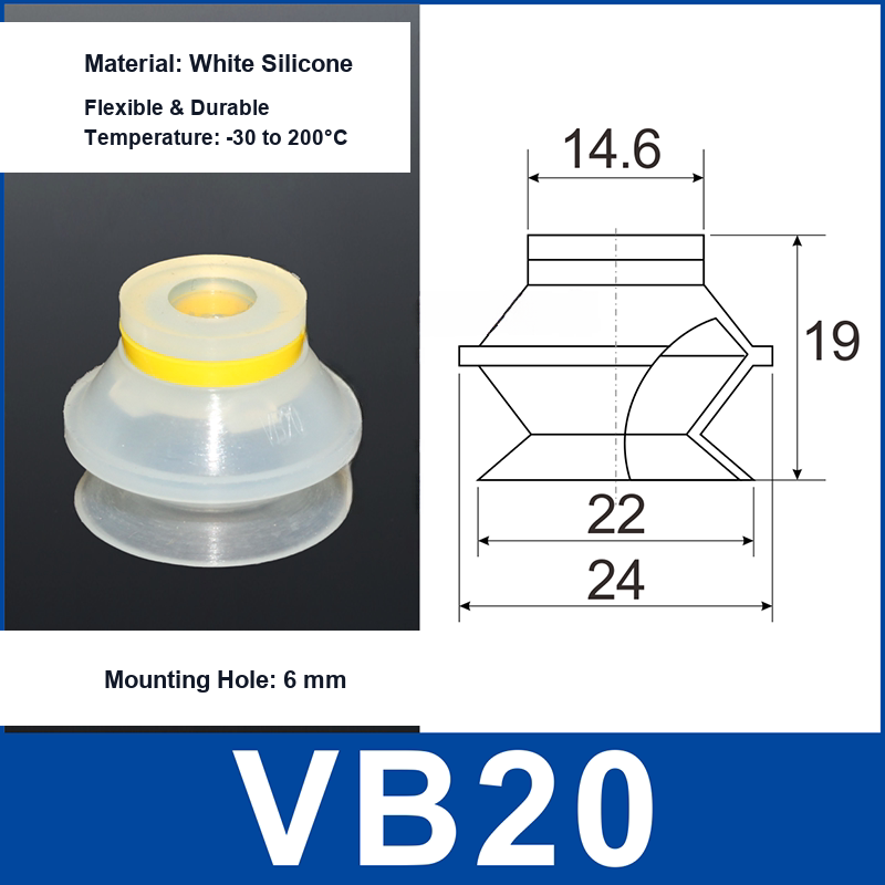 VB20 White Silicone vacuum suction cup and technical dimensions