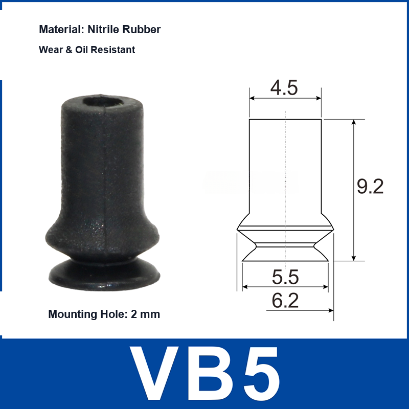 VB5 Black Nitrile Rubber vacuum suction cup and technical dimensions
