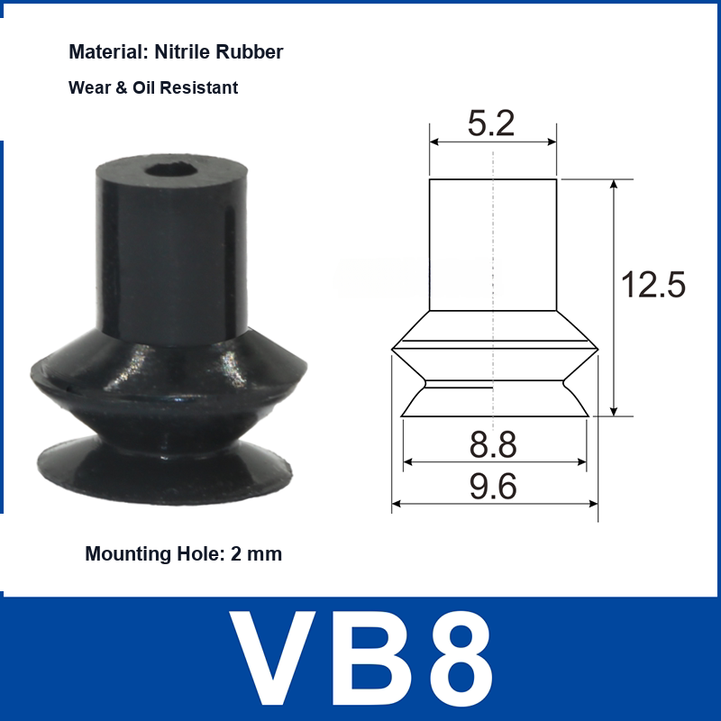 VB8 Black Nitrile Rubber vacuum suction cup and technical dimensions