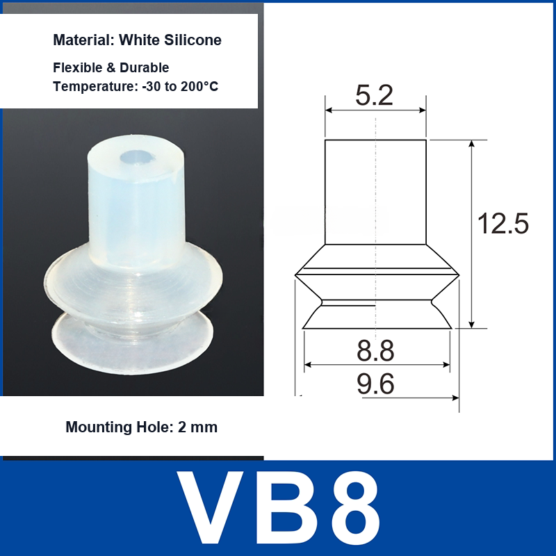VB8 White Silicone vacuum suction cup and technical dimensions