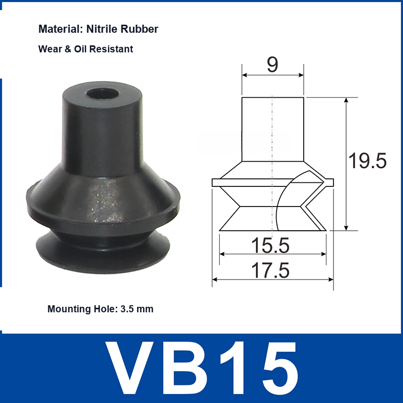 VB15 Black Nitrile Rubber vacuum suction cup and technical dimensions