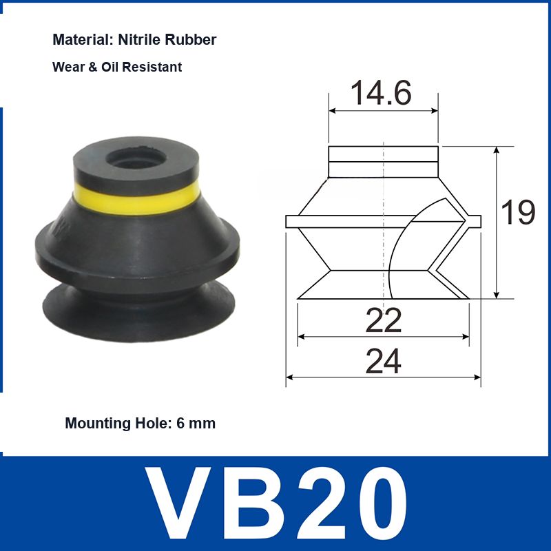 VB20 Black Nitrile Rubber vacuum suction cup and technical dimensions