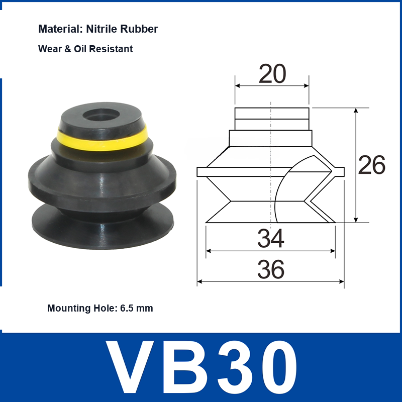 VB30 Black Nitrile Rubber vacuum suction cup and technical dimensions