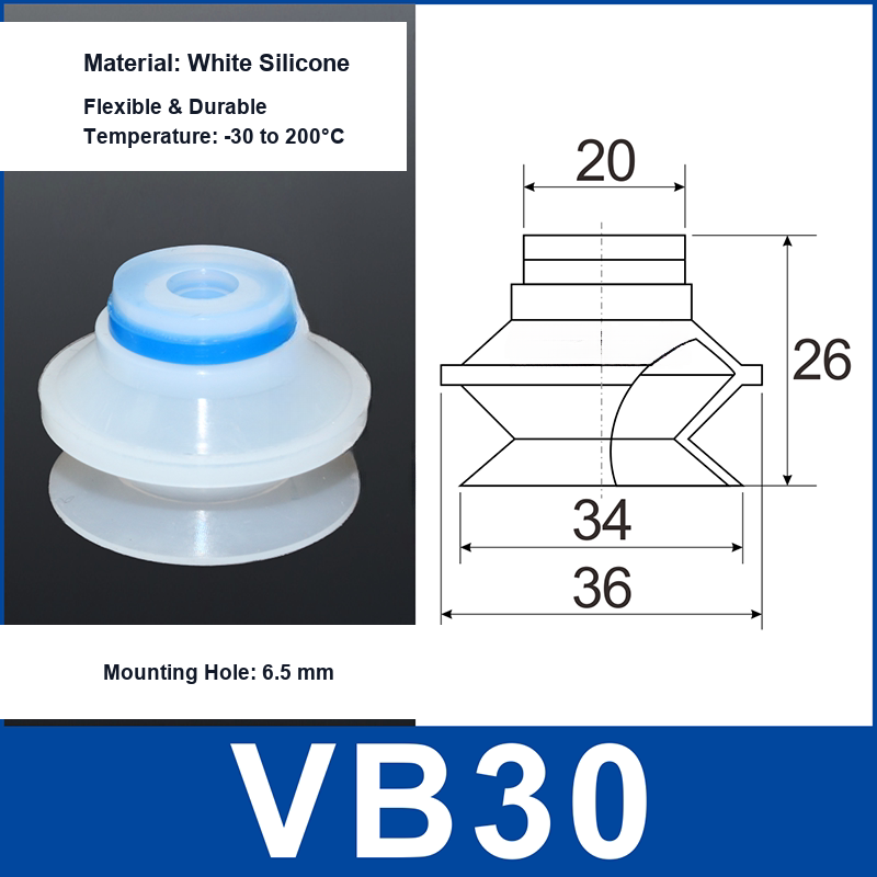 VB30 White Silicone vacuum suction cup and technical dimensions