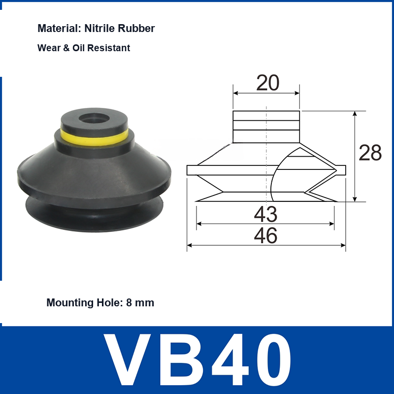 VB40 Black Nitrile Rubber vacuum suction cup and technical dimensions