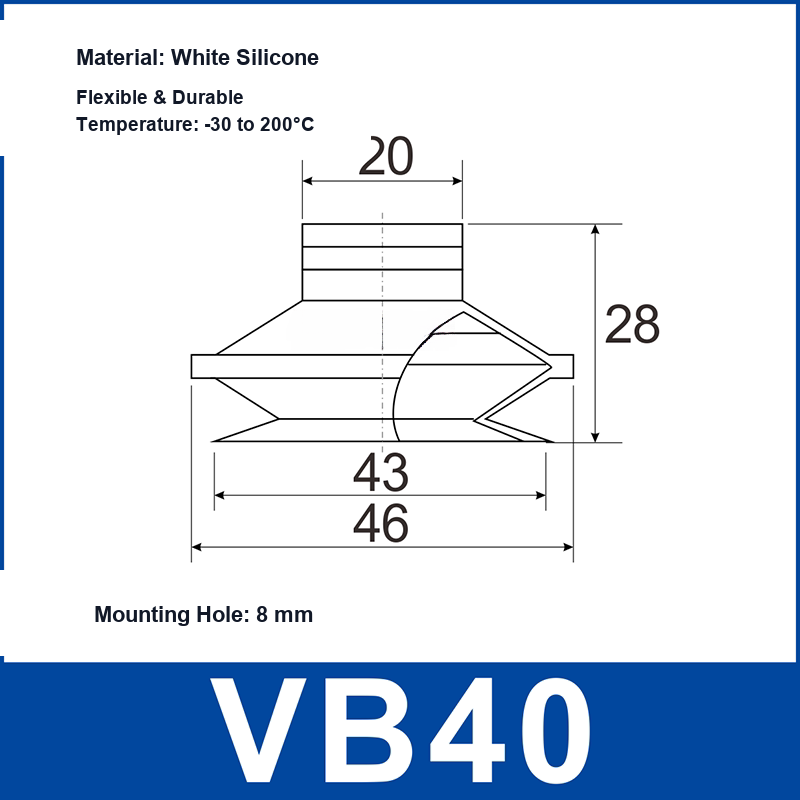 VB40 White Silicone vacuum suction cup and technical dimensions