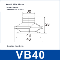 VB40 White Silicone vacuum suction cup and technical dimensions