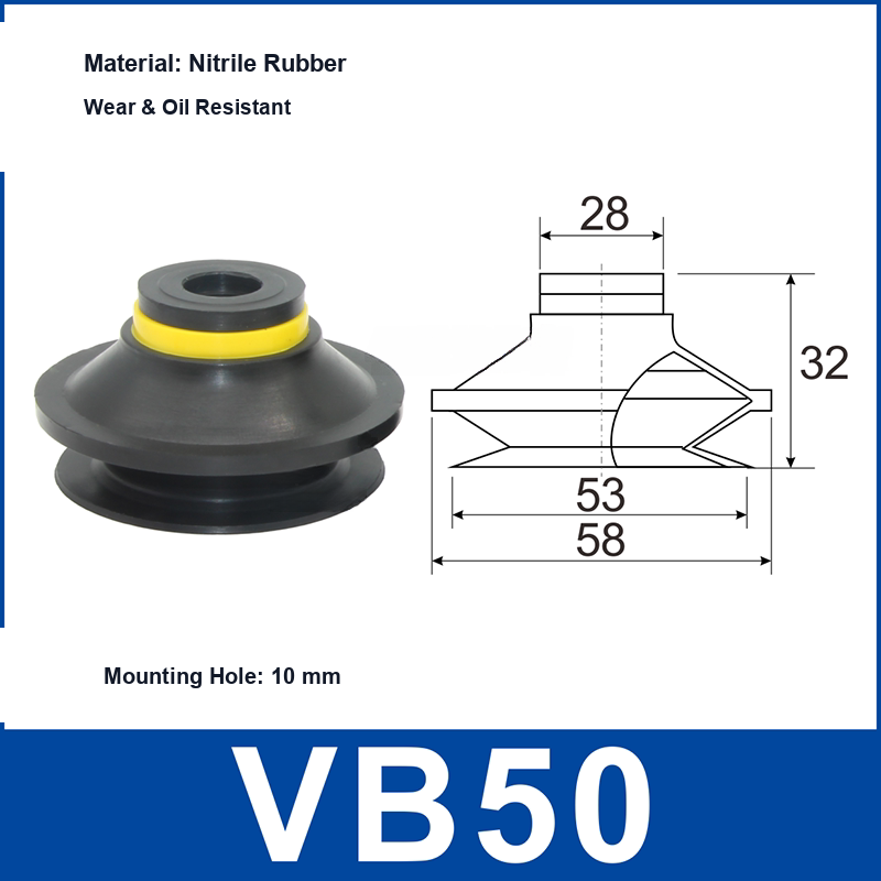 VB50 Black Nitrile Rubber vacuum suction cup and technical dimensions
