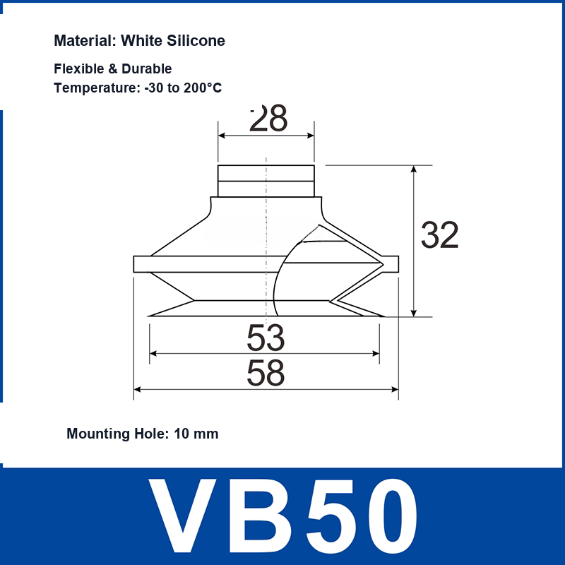 VB50 White Silicone vacuum suction cup and technical dimensions