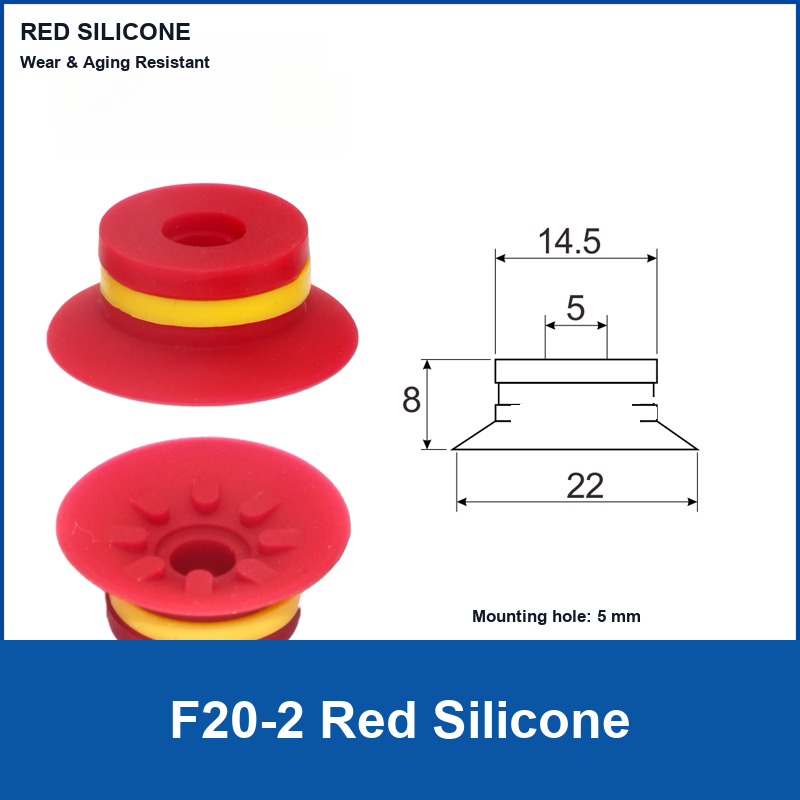 F20-2 Red Silicone corrugated vacuum suction cup and technical dimensions