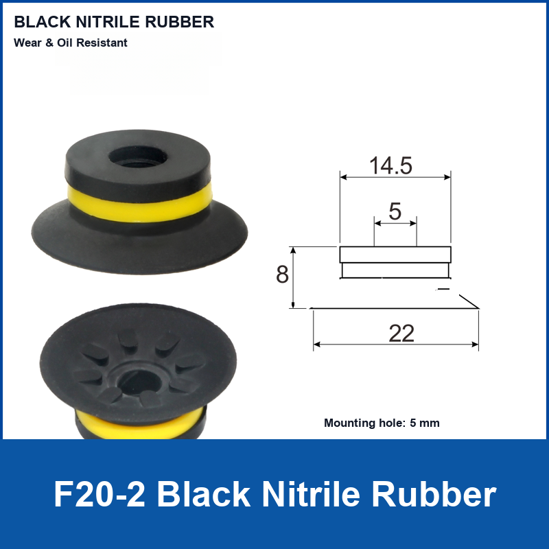 F20-2 Black Nitrile Rubber corrugated vacuum suction cup and technical dimensions