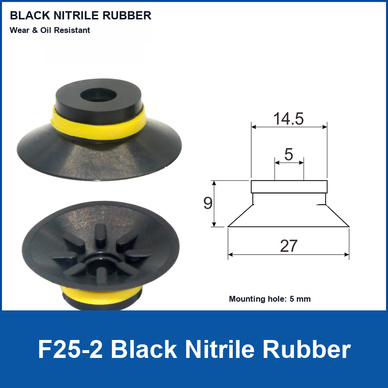 F25-2 Black Nitrile Rubber corrugated vacuum suction cup and technical dimensions