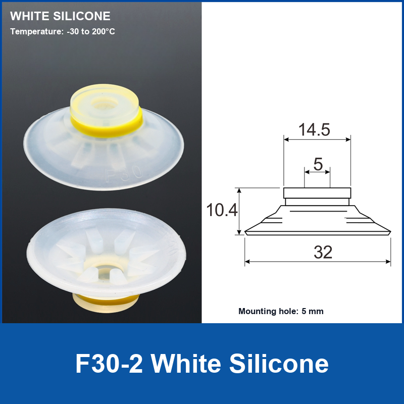 F30-2 White Silicone corrugated vacuum suction cup and technical dimensions