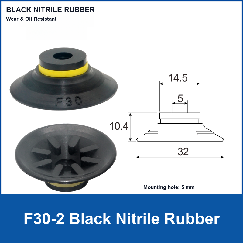 F30-2 Black Nitrile Rubber corrugated vacuum suction cup and technical dimensions