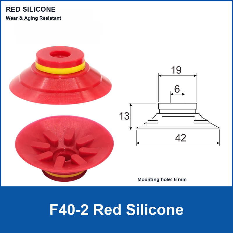F40-2 Red Silicone corrugated vacuum suction cup and technical dimensions
