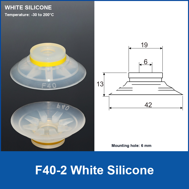 F40-2 White Silicone corrugated vacuum suction cup and technical dimensions