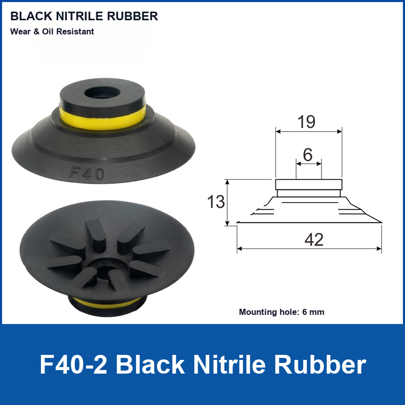 F40-2 Black Nitrile Rubber corrugated vacuum suction cup and technical dimensions