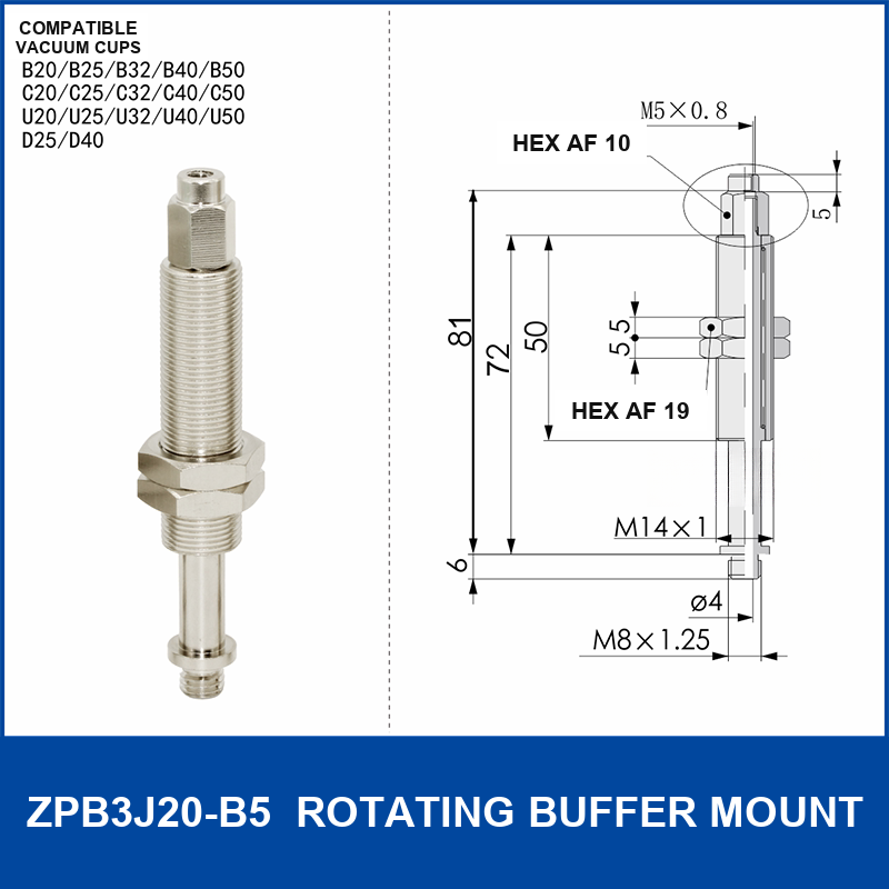 ZPB3J20-B5 rotating vacuum cup buffer mount, 20 mm selection, with product view and dimensional drawing