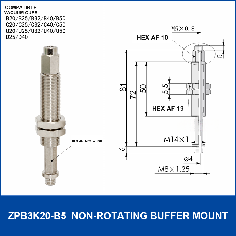ZPB3K20-B5 non-rotating vacuum cup buffer mount, 20 mm selection, with product view and dimensional drawing