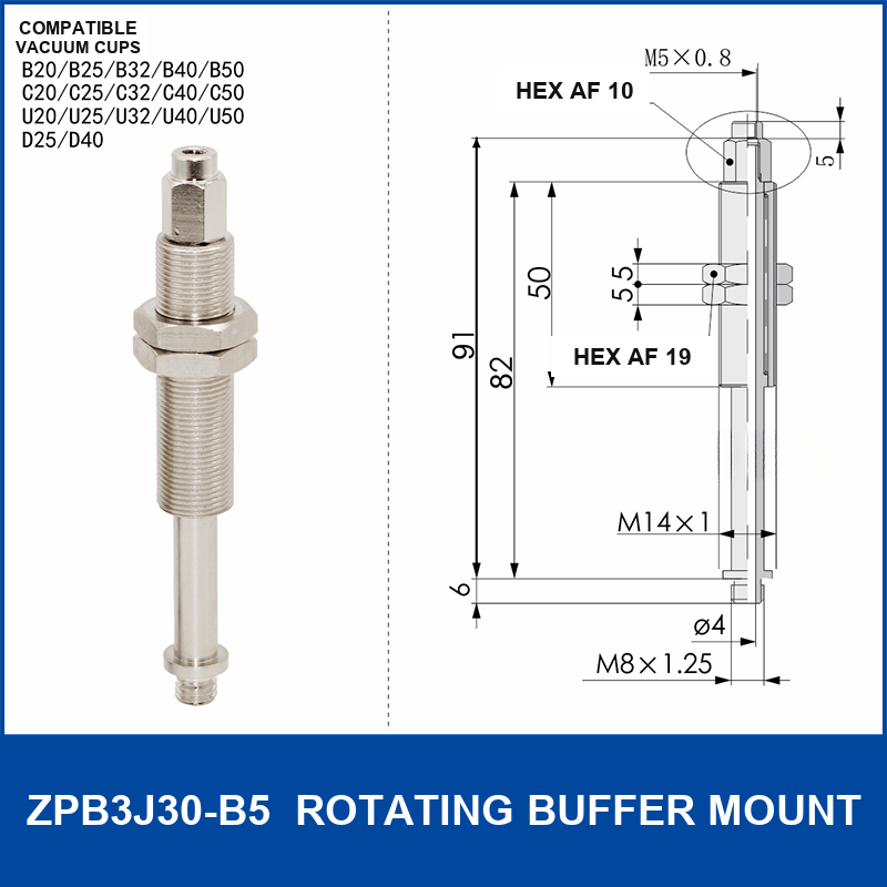 ZPB3J30-B5 rotating vacuum cup buffer mount, 30 mm selection, with product view and dimensional drawing